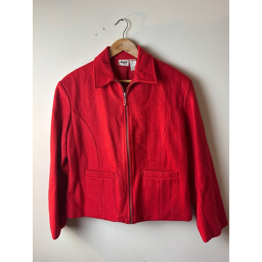 Womens L‎ (14/16) Argee Blazer Jacket Red Wool Blend Lined Collared Full-Zip Y2K